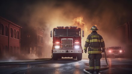 Scene of firefighter and firetruck