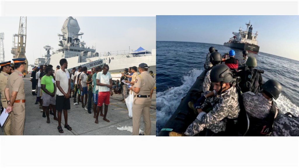 The 35 Apprehended Somali Pirates handed over to Mumbai Police for legal proceedings. (Image: Indian Navy) The 35 Apprehended Somali Pirates handed over to Mumbai Police for legal proceedings. (Image: Indian Navy)