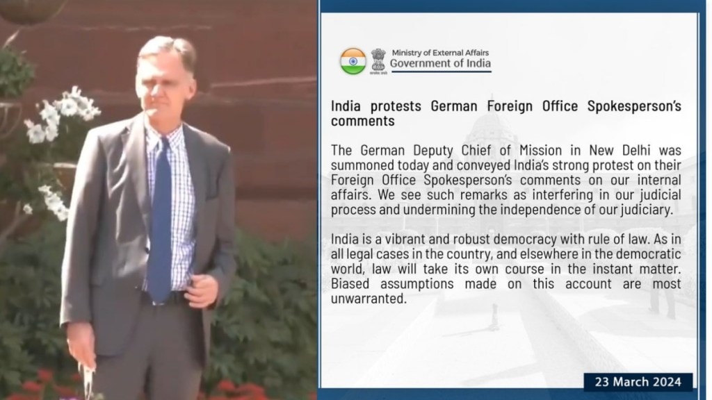Georg Enzweiler, Deputy Head of Mission, German Embassy visits External Affairs Ministry after he was summoned by MEA. (Image: X) Georg Enzweiler, Deputy Head of Mission, German Embassy visits External Affairs Ministry after he was summoned by MEA. (Image: X)