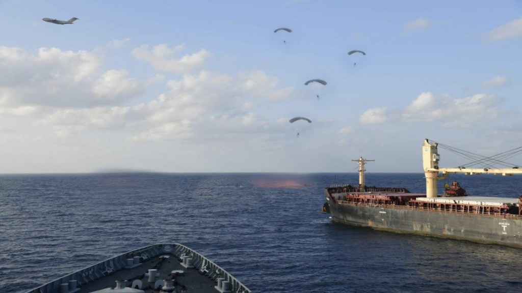 Indian Navy MARCOS being paradropped from an IAF C-17 during the anti-piracy mission. (Image: X)