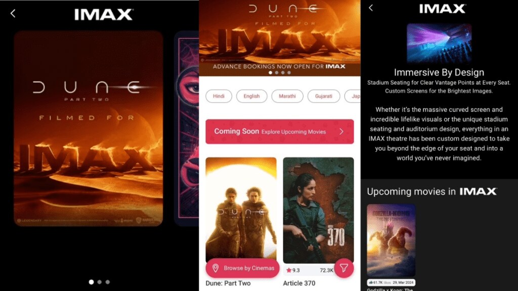 BookMyShow users can also explore a dedicated page about The IMAX Experience, including a list of current IMAX films