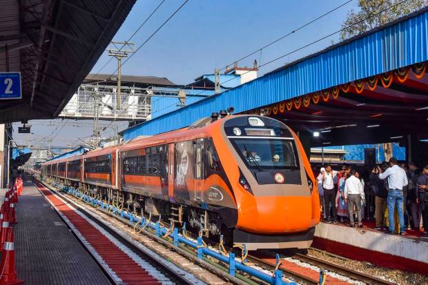 Ranchi-Varanasi Vande Bharat train during its flag-off by Prime Minister Narendra Modi via video conferencing from Gujarat's Ahmedabad, at Ranchi Railway Station (PTI Photo)