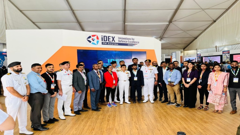 VAdm Ghormade (VCNS) interacting with all IDEX winners at Aero India 2023. (Image courtesy: Aastha Sharma)