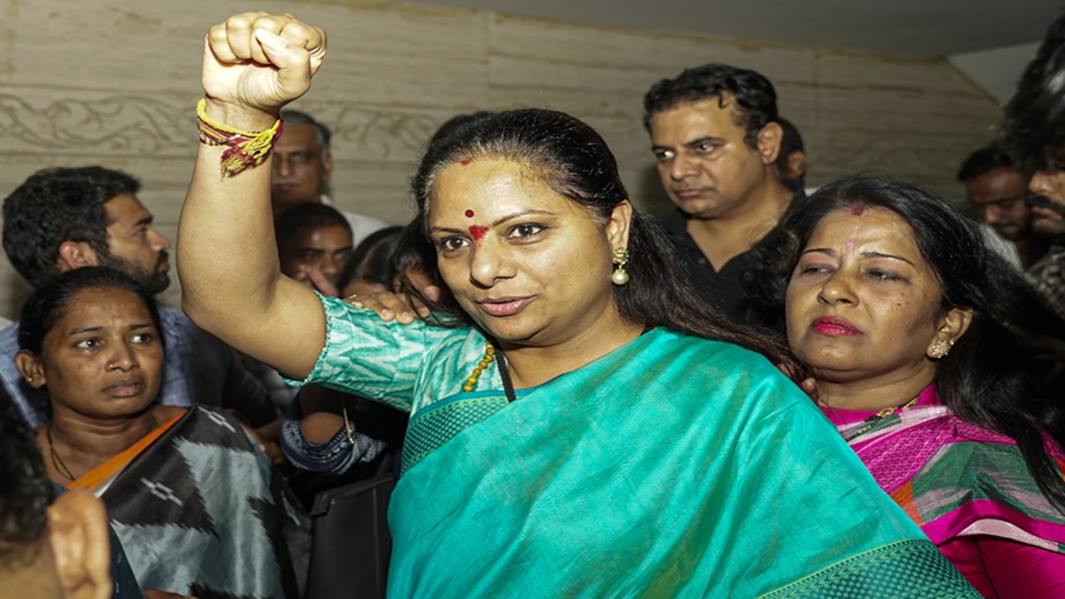 K Kavitha was arrested by ED from her residence in connection with the Delhi excise policy-linked money laundering case, in Hyderabad, on March 15. (Image: PTI) K Kavitha was arrested by ED from her residence in connection with the Delhi excise policy-linked money laundering case, in Hyderabad, on March 15. (Image: PTI)
