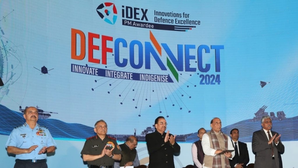 Defence Minister Rajnath Singh launched Acing Development of Innovative Technologies with iDEX (ADITI) scheme, during DefConnect 2024 in New Delhi on March 4, 2024. (Image: X)