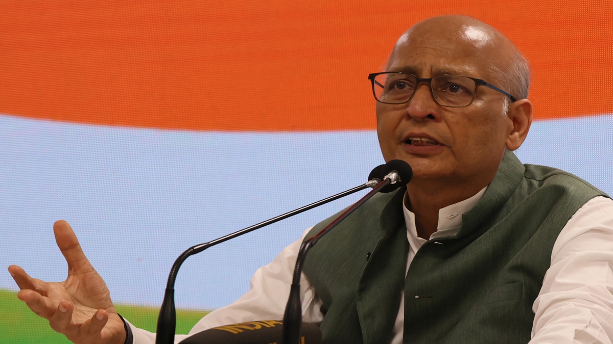 Congress Senior Leader Abhishek Manu singhvi at the press conference at AICC office in new Delhi on Wednesday. Express photo