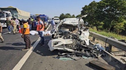 Wreckage of a car after its collision with a truck on Ahmedabad-Vadodara Expressway, near Nadiad in Kheda district, Wednesday, April 17, 2024. At least 10 people were killed, according to police. (PTI Photo) Wreckage of a car after its collision with a truck on Ahmedabad-Vadodara Expressway, near Nadiad in Kheda district, Wednesday, April 17, 2024. At least 10 people were killed, according to police. (PTI Photo)