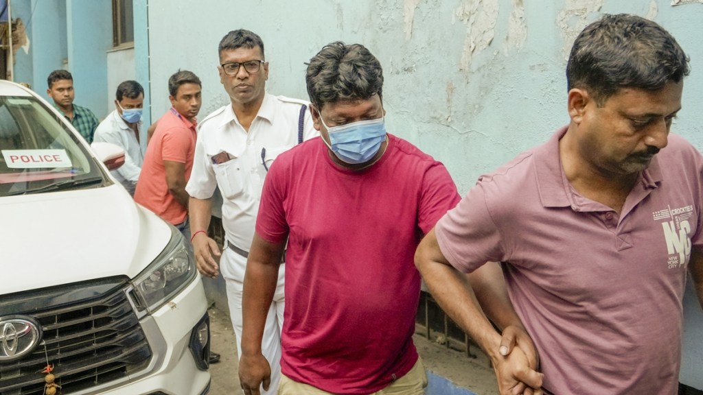 Balai Charan Maity (2L) and Manobrata Jana (2R), accused in the 2022 Bhupatinagar blast case, being produced before a court after they were arrested by the National Investigation Agency (NIA) officials, in Kolkata, Saturday, April 6, 2024. (PTI Photo/Swapan Mahapatra)