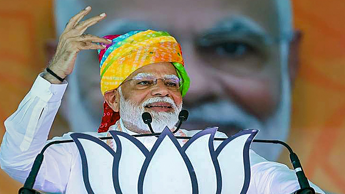 Prime Minister Narendra Modi addresses a public meeting for Lok Sabha elections, at Bhinmal in Jalore, Sunday, April 21, 2024. (PTI Photo) Prime Minister Narendra Modi addresses a public meeting for Lok Sabha elections, at Bhinmal in Jalore, Sunday, April 21, 2024. (PTI Photo)