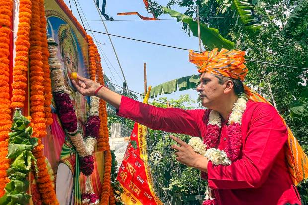 Delhi Minister and AAP leader Saurabh Bharadwaj offers prayers to Lord Hanuman on the occasion of 'Hanuman Jayanti', in New Delhi. (PTI Photo)
