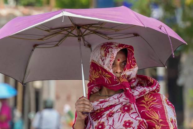 A pedestrian holding umbrella to protect herself from scorching sun on a hot summer day, in Kolkata. (PTI Photo)