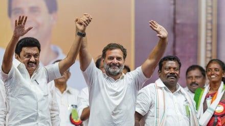 DMK chief and Tamil Nadu Chief Minister M K Stalin and Congress leader Rahul Gandhi during a public meeting, ahead of the Lok Sabha elections, in Coimbatore, Friday, April 12, 2024. (PTI Photo/R Senthilkumar)