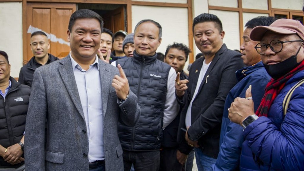 Arunachal Pradesh Chief Minister Pema Khandu shows his finger marked with indelible ink after casting his vote for the first phase of Lok Sabha elections, in Tawang district, Friday, April 19, 2024. (PTI Photo)