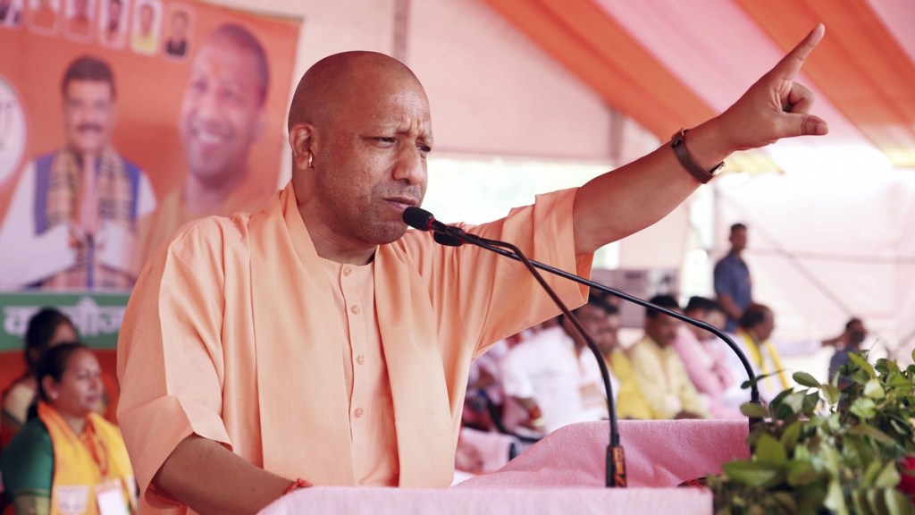 Uttar Pradesh Chief Minister Yogi Adityanath during a public meeting for Lok Sabha elections, in Kanpur Dehat, Saturday, May 11, 2024. (PTI Photo)