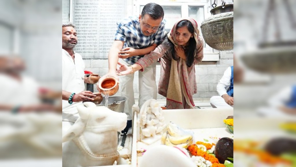 Delhi Chief Minister Arvind Kejriwal with wife Sunita Kejriwal offers prayers at Navagraha Mandir a day after he got interim bail in a money laundering case, amid Lok Sabha elections, in New Delhi, Saturday, May 11, 2024. Delhi Chief Minister Arvind Kejriwal with wife Sunita Kejriwal offers prayers at Navagraha Mandir a day after he got interim bail in a money laundering case, amid Lok Sabha elections, in New Delhi, Saturday, May 11, 2024.