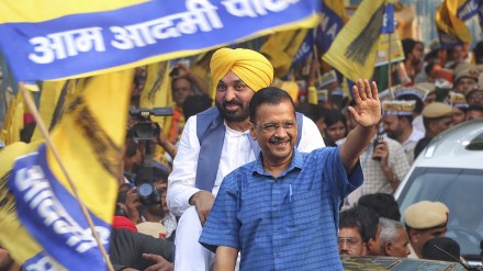 Delhi Chief Minister and AAP convenor Arvind Kejriwal with Punjab Chief Minister Bhagwant Mann during a road show for Lok Sabha elections, at Mehrauli in New Delhi, Saturday, May 11, 2024. (PTI Photo)