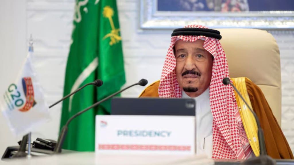 Saudi King Salman bin Abdulaziz gives a virtual speech