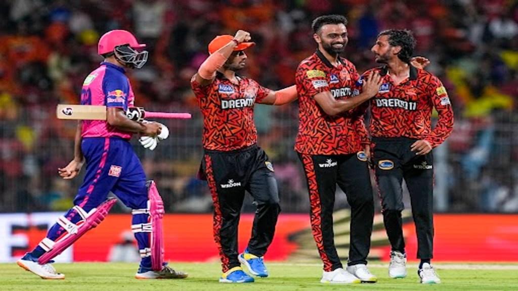 Sunrisers Hyderabad bowler Shahbaz Ahmed celebrates with teammates after taking the wicket of Rajasthan Royals batter Ravichandran Ashwin during the Indian Premier League (IPL) Qualifier 2 cricket match between Rajasthan Royals and Sunrisers Hyderabad, at MA Chidambaram Stadium, in Chennai, Friday, May 24, 2024. (PTI Photo).