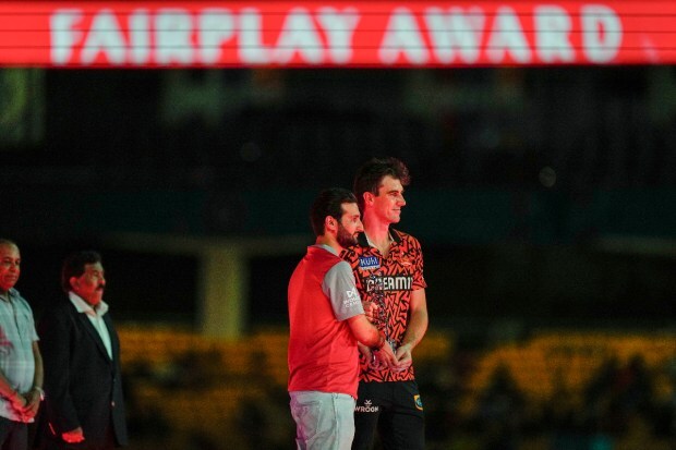 SRH's Pat Cummins being honoured during the presentation ceremony after the IPL 2024 final. Cummins could not join the likes of Adam Glichrist, Shane Warne and David Warner to win an IPL Tophy. (PTI Photo)