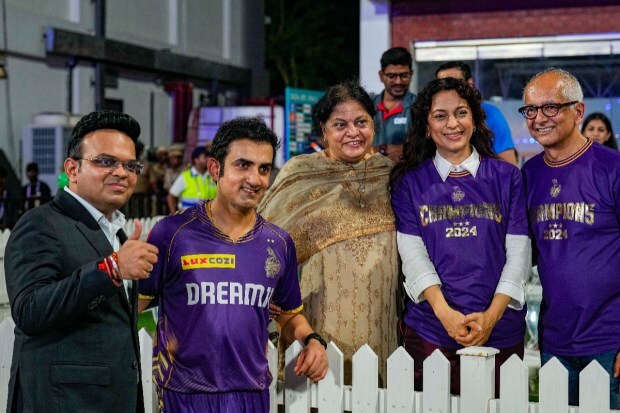 Kolkata Knight Riders (KKR) co-owners Juhi Chawla, Jay Mehta, mentor Gautam Gambhir and BCCI Secretary Jay Shah after the IPL 2024 final match between Kolkata Knight Riders and Sunrisers Hyderabad. KKR's spin duo, Sunil Narine and Varun Chakravarthy, bowled beautifully, using variations and maintaining a good length to stifle SRH's middle order. (PTI Photo)