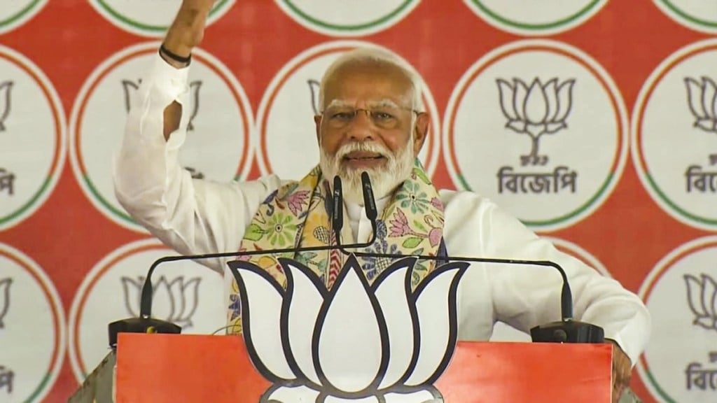 Prime Minister Narendra Modi addresses a public meeting for the Lok Sabha elections, in Paschim Bardhaman district. (PTI Photo)