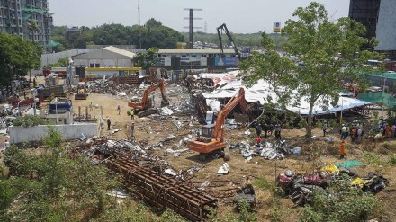 Debris at the site after a 100-foot tall illegal billboard fell on a petrol pump on Monday due to rains and duststorm, in Ghatkopar area of Mumbai, Wednesday, May 15, 2024. At least 14 persons were killed and 76 others injured in the accident, according to officials. (PTI Photo)