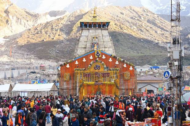 Devotees gather at the Kedarnath temple during the 'Char Dham Yatra', in Rudraprayag district. (PTI Photo)