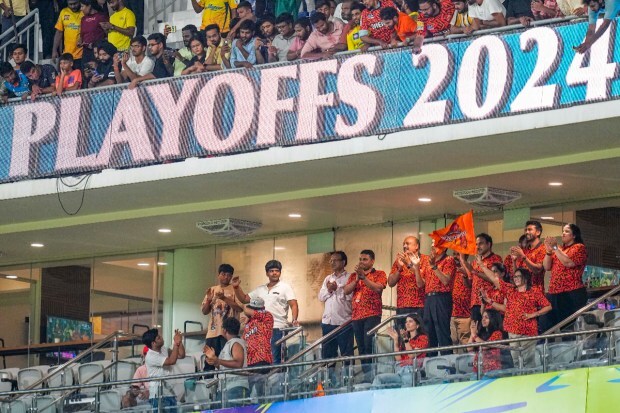 Sunrisers Hyderabad owners celebrate the team's win against Rajasthan Royals at Chepauk. SRH bounced back from the humilating Qualifier 1 loss to make way to the IPL finals. (PTI Photo)