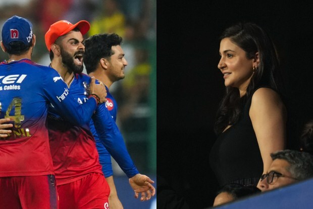 RCB's Virat Kohli celebrates as his wife and actor Anushka Sharma looks on IPL match 68 in Bengaluru. (PTI Photos)