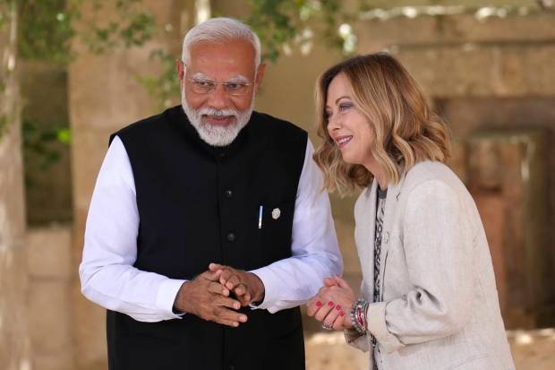 India's prime minister Narendra Modi, left, is welcomed by Italy's Prime Minister Giorgia Meloni on day two of the 50th G7 summit at Borgo Egnazia, southern Italy. AP/PTI
