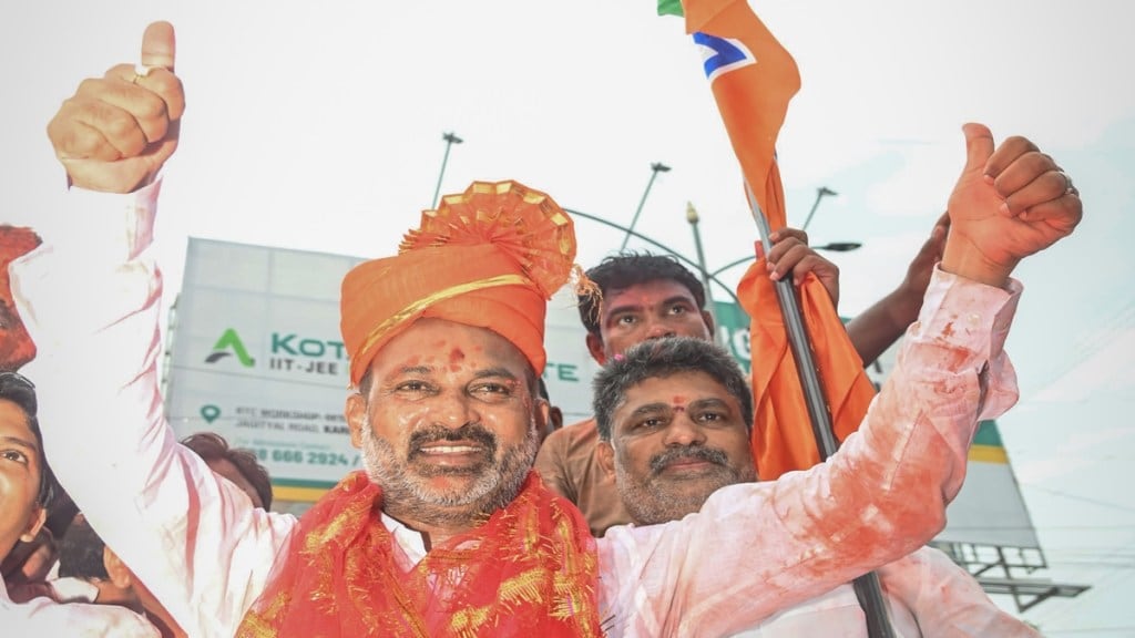 BJP leader Bandi Sanjay Kumar during a celebratory procession after winning from Karimnagar constituency by a big margin, in Karimnagar, Tuesday, June 4, 2024. (PTI Photo)