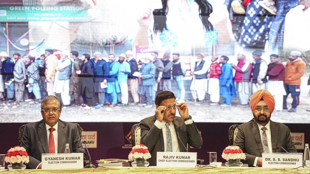 Chief Election Commissioner of India Rajiv Kumar with Election Commissioners Gyanesh Kumar and Dr. S.S. Sandhu during a press conference, in New Delhi, Monday, June 3, 2024. (PTI Photo/Manvender Vashist Lav) Chief Election Commissioner of India Rajiv Kumar with Election Commissioners Gyanesh Kumar and Dr. S.S. Sandhu during a press conference, in New Delhi, Monday, June 3, 2024. (PTI Photo/Manvender Vashist Lav)
