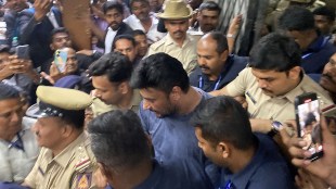 Actor Darshan being taken to a Bengaluru court in connection with the Renukaswamy murder case, in Bengaluru, Thursday, June 20, 2024. The court has extended police custody of the actor and three other accused in the case by two days. (PTI Photo/Shailendra Bhojak)