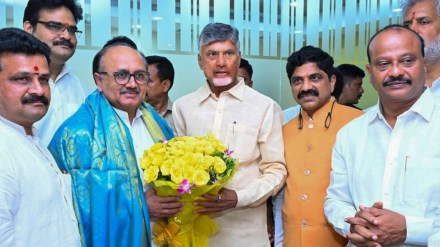 BJP leader Sidharth Nath Singh congratulates TDP Chief Chandrababu Naidu on his party's victory in Assembly and Parliamentay polls, at his residence in Amaravati