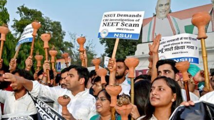 NSUI activists participate in a Mashal Rally to protest the alleged irregularities in the NEET UG entrance exam results, in New Delhi on Saturday. (ANI Photo) NSUI activists participate in a Mashal Rally to protest the alleged irregularities in the NEET UG entrance exam results, in New Delhi on Saturday. (ANI Photo)