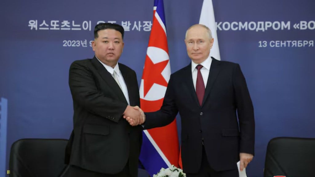 Russia's President Vladimir Putin and North Korea's leader Kim Jong Un attend a meeting Russia's President Vladimir Putin and North Korea's leader Kim Jong Un attend a meeting