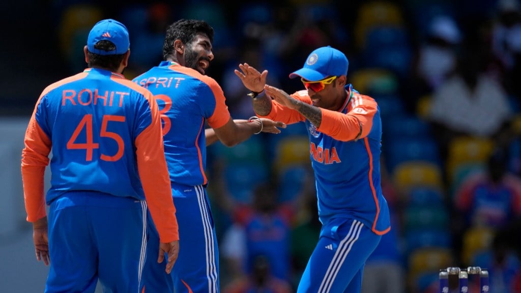 IND vs AFG Live Score: India's Jasprit Bumrah, center, celebrates with teammates after the dismissal of Afghanistan's Hazratullah Zazai during the ICC Men's T20 World Cup cricket match between Afghanistan and India at Kensington Oval in Bridgetown, Barbados, Thursday, June 20, 2024. AP/PTI