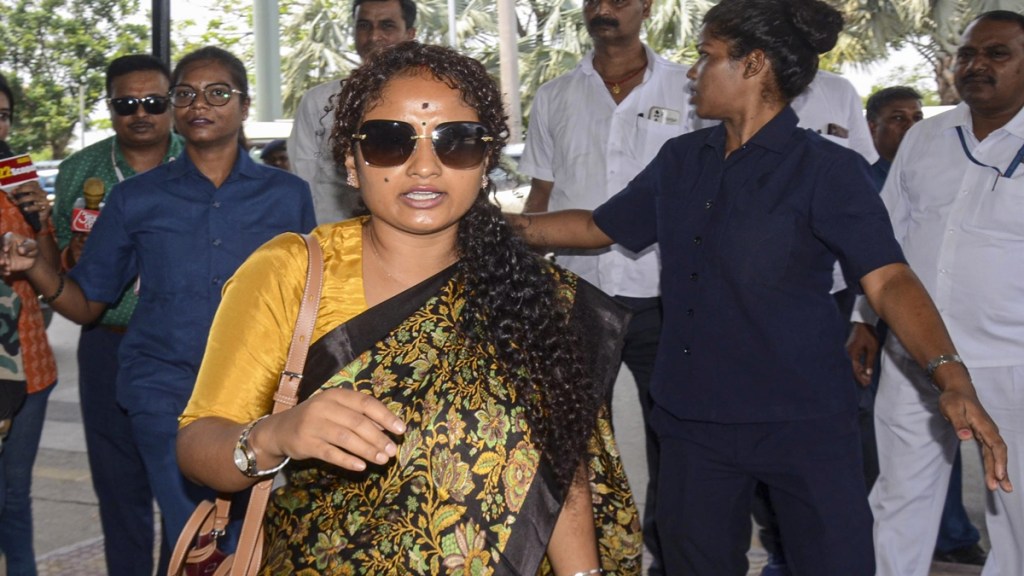 Newly-elected MLA from Gandey Assembly constituency Kalpana Soren arrives at the Birsa Munda Airport to leave for New Delhi, in Ranchi, Wednesday, June 5, 2024. (PTI Photo)