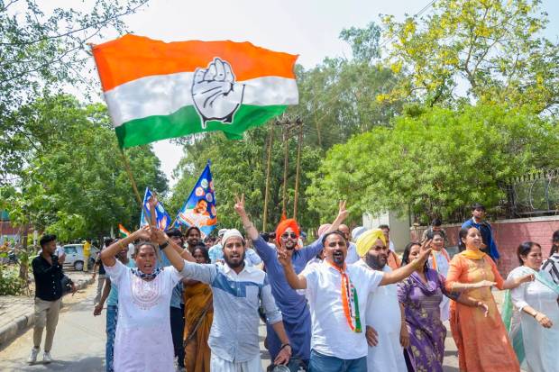 Chandigarh: Congress party supporters celebrate the party's gain in the Lok Sabha elections on the day of counting of votes, in Chandigarh, Tuesday, June 4, 2024. (PTI Photo)