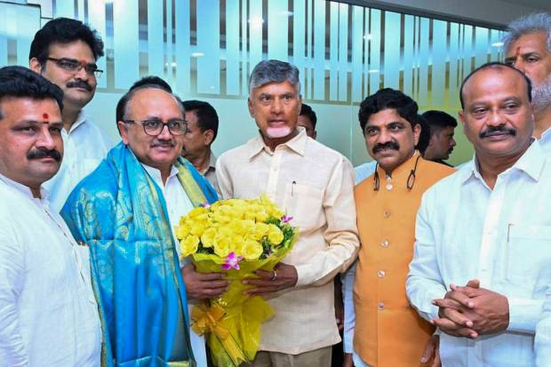 BJP leader Sidharth Nath Singh congratulates TDP Chief Chandrababu Naidu on his party's victory in Assembly and Parliamentay polls, at his residence in Amaravati, Tuesday, June 4, 2024. (PTI Photo)