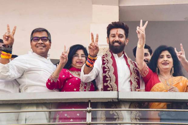 Patna: LJP (Ram Vilas) Chief Chirag Paswan shows victory sign during celebrations of the party's lead in the Lok Sabha elections as counting of votes underway, in Patna, Tuesday, June 4, 2024. (PTI Photo)