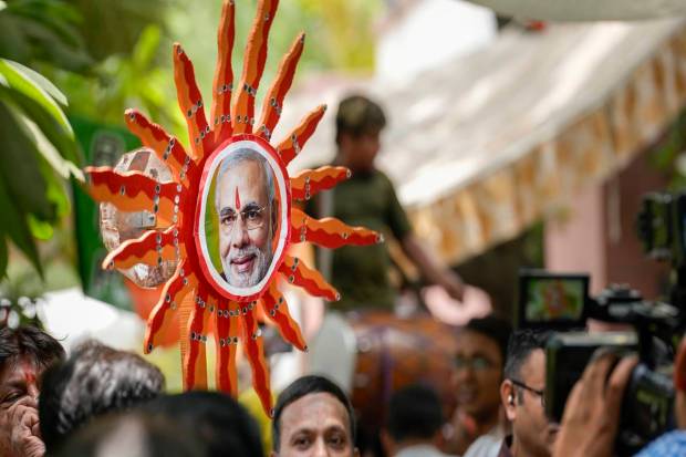 New Delhi: A motif depicting Prime Minister Narendra Modi during counting of votes for Lok Sabha elections, in New Delhi, Tuesday, June 4, 2024. (PTI Photo)