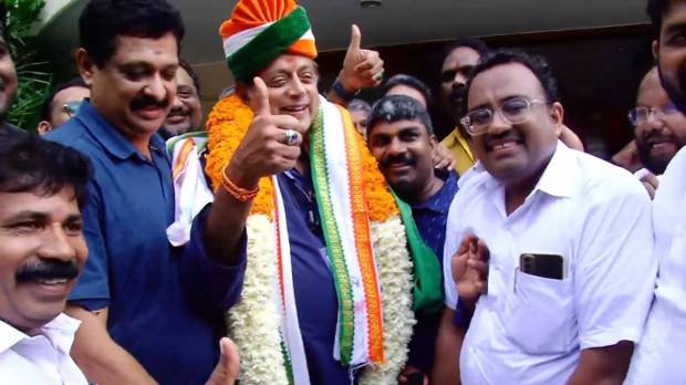 Congress leader Shashi Tharoor with supporters during celebrations of the party's lead in the Lok Sabha elections as counting of votes underway, in Thiruvananthapuram, Tuesday, June 4, 2024. (PTI Photo)
