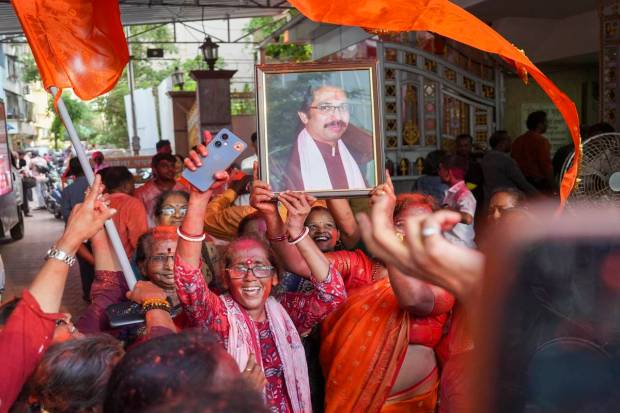 Shiv Sena (UBT) supporters celebrate the party's lead during counting of votes for Lok Sabha elections, at the Shiv Sena Bhavan, in Mumbai, Tuesday, June 4, 2024. (PTI Photo)