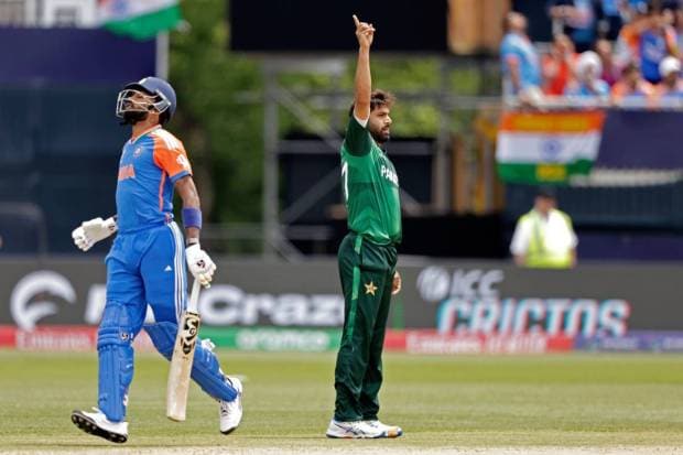 Pakistan's Haris Rauf, right, celebrates the dismissal of India's Hardik Pandya, left, during the ICC Men's T20 World Cup cricket match between India and Pakistan at the Nassau County International Cricket Stadium in Westbury, New York. (AP/PTI)