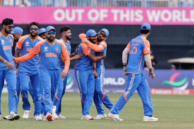 Indian players celebrate the dismissal of Pakistan's Iftikhar Ahmed during the ICC Men's T20 World Cup cricket match between India and Pakistan. (AP/PTI)