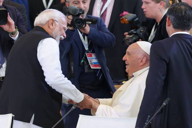Savelletri Di Fasano: Pope Francis greets Prime Minister Narendra Modi as he arrives for a session during the G7 Summit, in Savelletri Di Fasano, Italy, Friday, June 14, 2024. (PTI Photo)