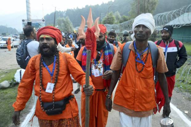 Pilgrims leave for the annual Amarnath Yatra from the Nunwan base camp, in Anantnag district. (PTI Photo)