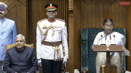 President Droupadi Murmu addresses the joint sitting of the Lok Sabha and Rajya Sabha, in New Delhi, Thursday, June 27, 2024. The first session of the 18th Lok Sabha began on Monday and the 264th session of the Rajya Sabha will begin on June 27.