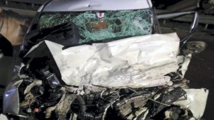 Mangled remains of a car lies on the road after an accident on the Mumbai-Nagpur Expressway, in Jalna district, late Friday, June 28, 2024. Seven persons were killed and three others seriously injured after two cars collided on the expressway, also known as Samruddhi Expressway, police said on Saturday. (PTI Photo)